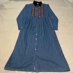 VTG Y2K 90s Erika & Co. Maxi Denim Dress ‎ M Cottage Prairie Chambray Farm-3676